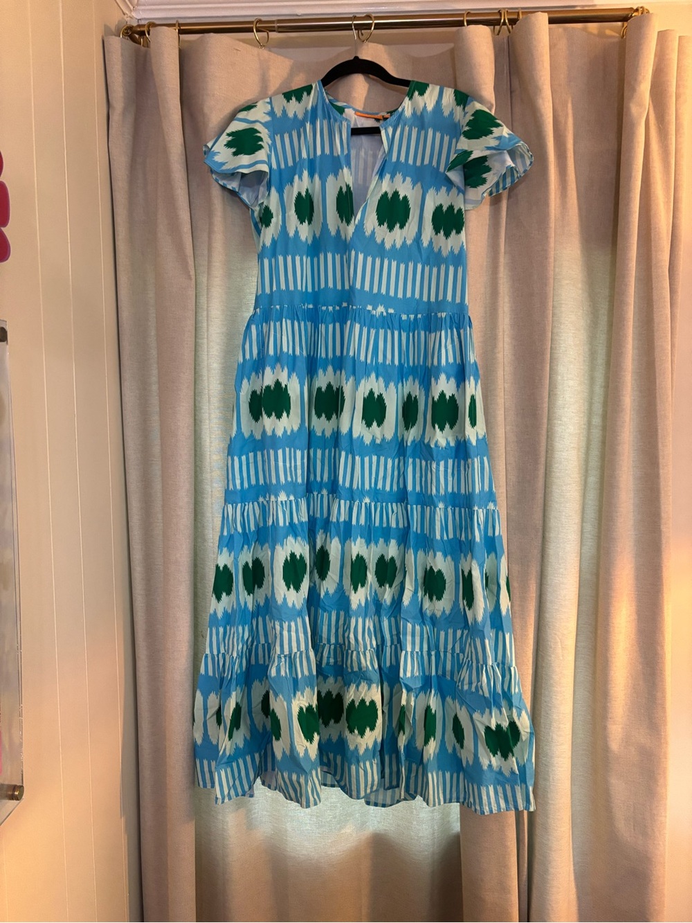 Oliphant Blue and Green Printed Tiered Maxi Dress